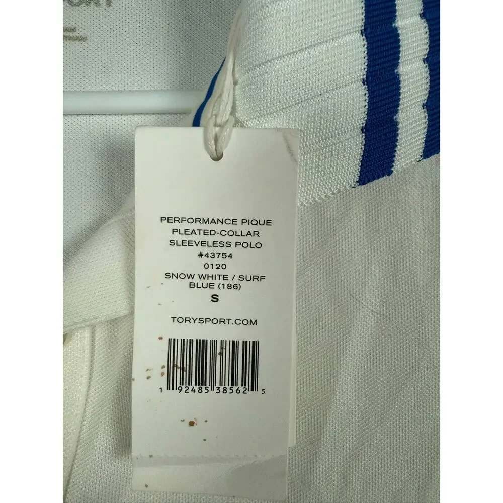 Tory Sport Performance Pique Sleeveless Polo White Blue NWT Women's S